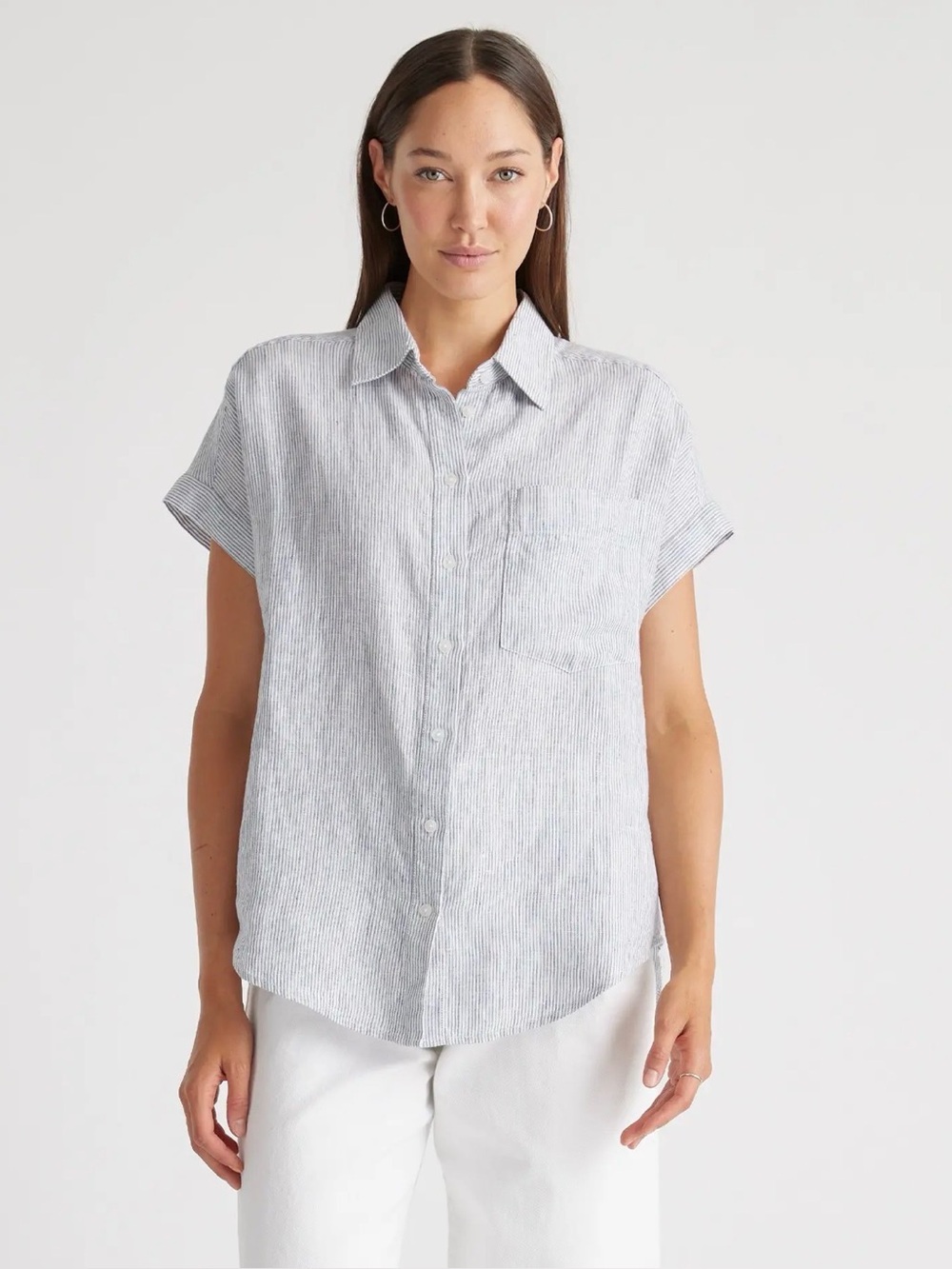 Quince 100% European Linen Camp Shirt | Blue Pinstripe | Size M